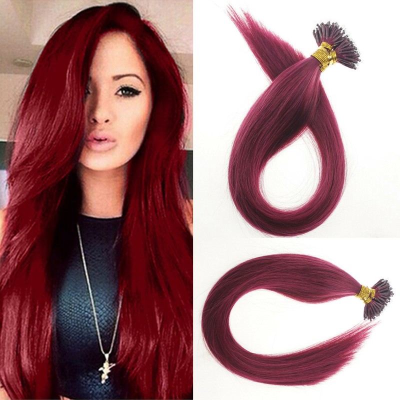 Nano Bead Hair Extensions Remy Human Hair Micro Loop Ring Burgundy Red 20inch