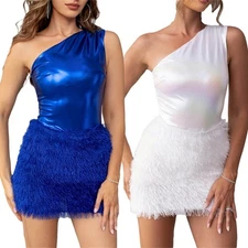 Women Sparkly One Shoulder Tank Top Furry Mini Skirt Set Two Pieces Outfit