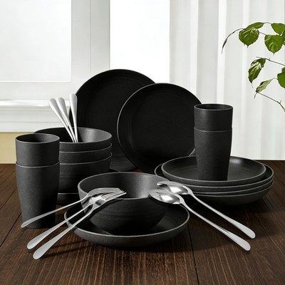 24 Piece Plates and Bowls Sets for 4- Unbreakable Wheat Straw Dinnerware Sets...