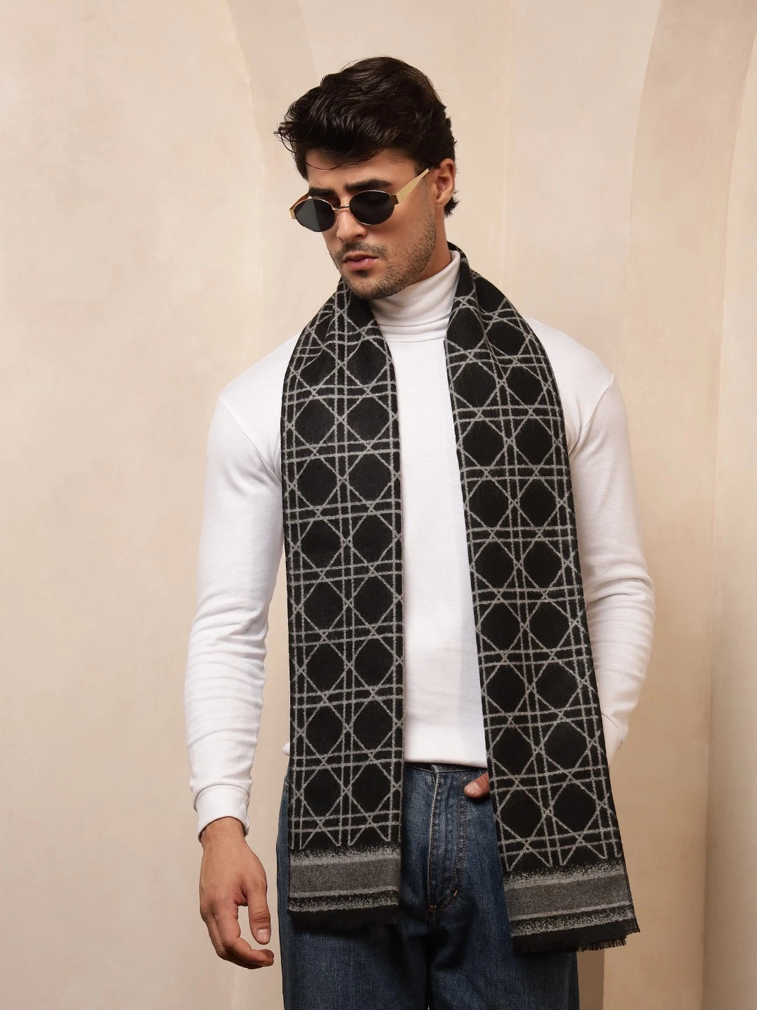 Men Winter Cashmere Wool Wrap Checked Scarf Indian Made Scarves Wrap Black