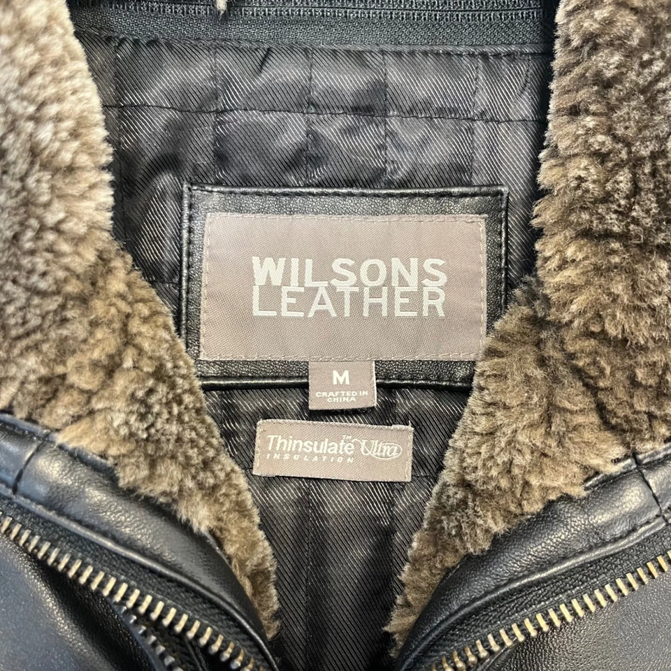 Wilsons Leather Mens Black Bomber Jacket M Shearling Collar Thinsulate Aviator - Image 4 of 4