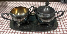 Antique silver-plated creamer and sugar bowl set + silver-plated serving plater