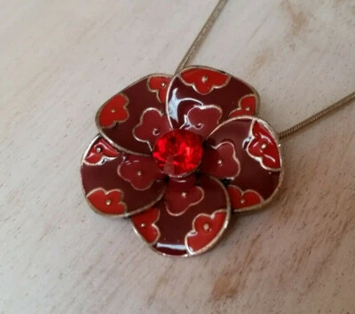 Schlangenkette 53 cm Vintage Anhänger Blume 3,5 cm silberfarben rot K 87 - Bild 1 von 3