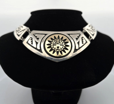 Navajo Sterling Silver 925 & 14kt Yellow Gold Statement Necklace 20'' Sunburst