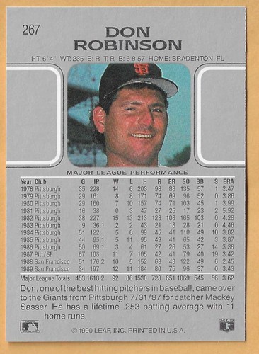 DON ROBINSON SAN FRANCISCO GIANTS #167 - LEAF NM-MT 1990 - Picture 2 of 2