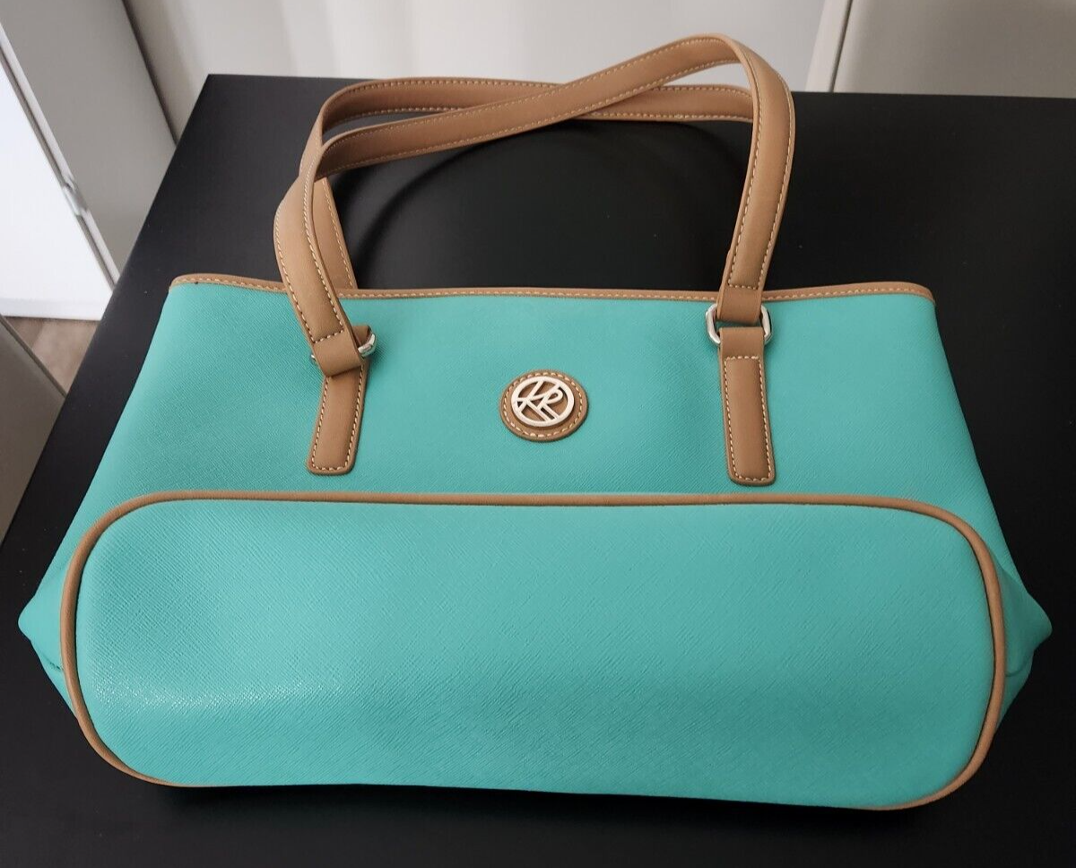 KIM ROGERS AQUA BEIGE TWO-TONE FAUX LEATHER PURSE HANDBAG