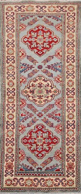 Geometric Super Kazak Light Blue/ Ivory Runner Rug 2'x6' Wool Hand-made Carpet