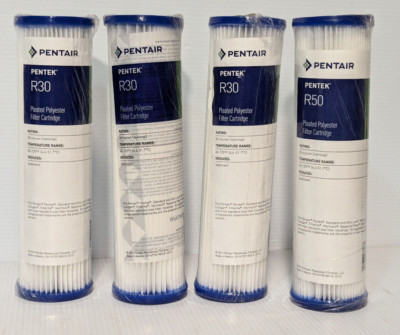 Lot of 4: Asstd. Pentair Pentek R30, R50 Pleated Filter Cartridges, 30-50 micron