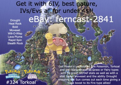 Pokemon Brilliant Diamond and Shining Pearl Shiny Torkoal 6IV Battle Ready
