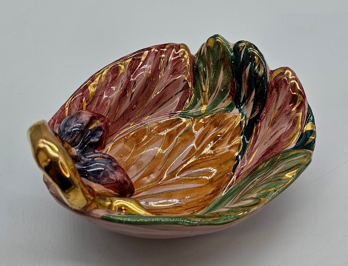 Vntg Italian Pottery Hand Painted Ceramic Applied Figs Leaf Trinket Bowl Handle