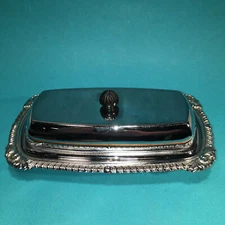 Vintage Art Deco Butter Dish Glass Insert Chrome Lid Bakelite Clean Antique USA