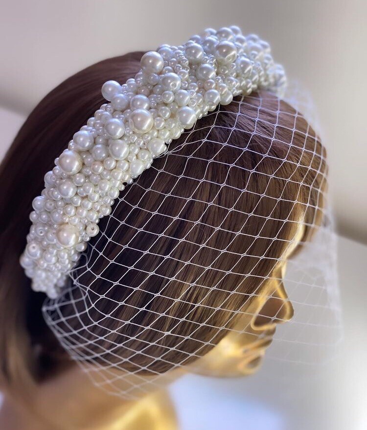 French Netting Birdcage Headband Veil with Pearl Floral Crystal Birdcage Veil: French Netting Bridal Veil  main image 3