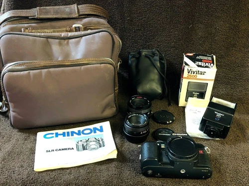Vtg Camera 35mm Chinon CP-5 Twin Program 1:1.9 50mm, CPC 1:28 Lens, Flash & Bag