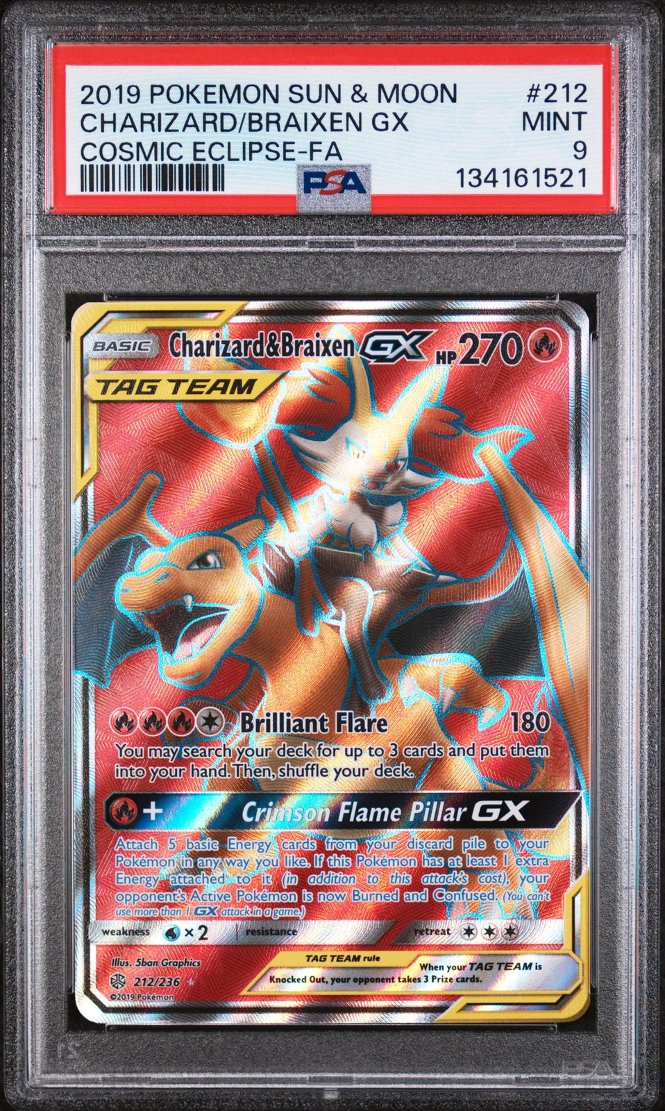 2019 Pokemon Sun Moon Cosmic Eclipse Braixen GX Charizard Eclipse PSA 9 #212