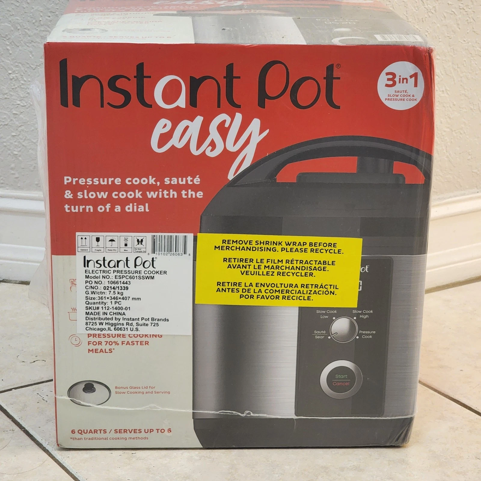 Instant Pot 6QT Easy 3-in-1 Slow Cooker, Pressure Cooker, and Sauté Pot - Sealed