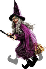 4 FT Flying Witch Halloween Decorations, Animated Hanging Witch on Broom Prop wi