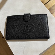 CHANEL Black Long Folding Wallet w/ Logo Snap Closure Card Slots caviar