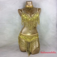 Beaded Belly Dance Costume Carnival Samba EDC Outfit Bra Belt Necklace 6 Colors