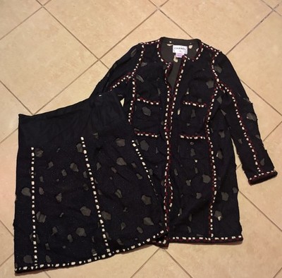 CHANEL 2 Piece Tweed & Mesh Set Jacket FR 44 Dress FR 38 AS IS( Need Repair)