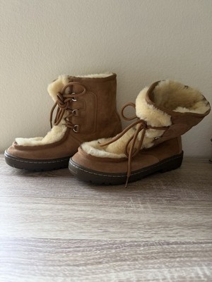 UGG Brown Suede Mid-Calf Shearling Lined Lace Up Boots Round Toe for Women