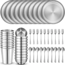 50 Pcs Stainless Steel Dishes Set 10 Stainless Steel Plates, 10 Bowls, 10 Cups, 