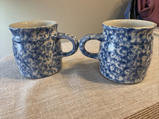 TWO Roseville Ohio FP Spongeware Coffee Cups Mug 3.5" BLUE Pottery 10 oz.