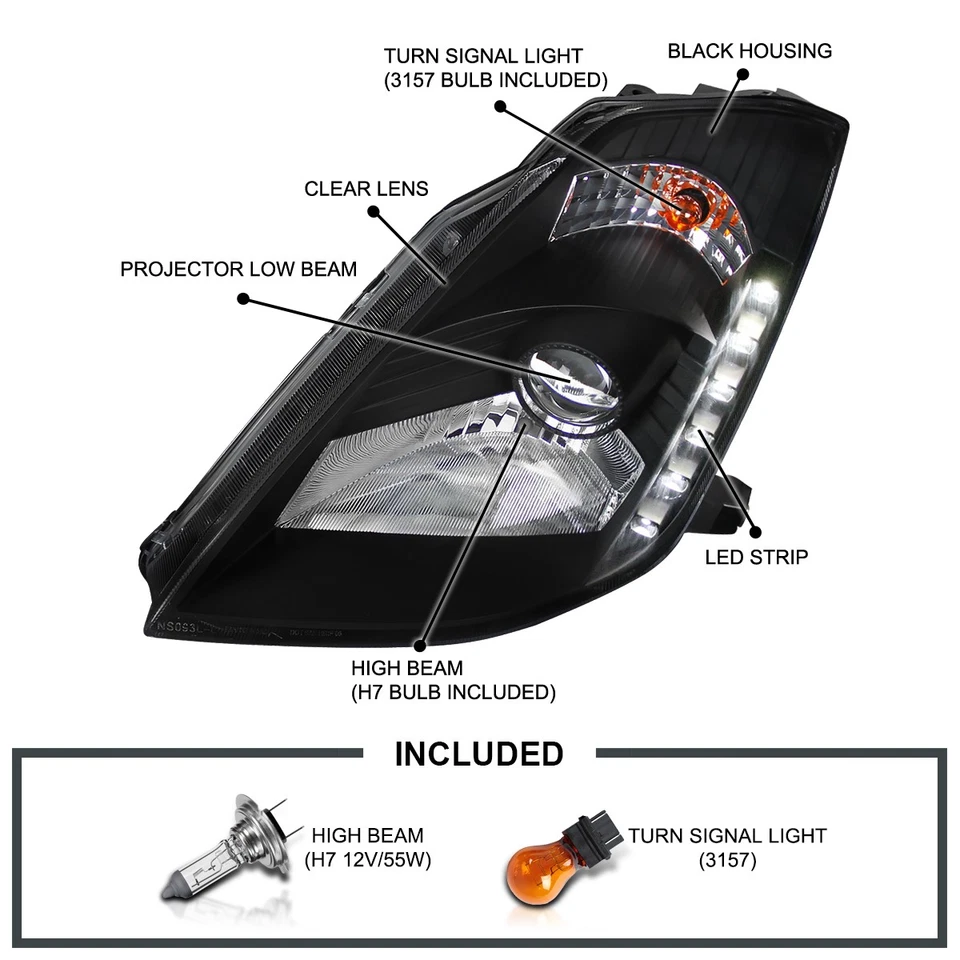 Fits 2003-2005 350Z Z33 HID Type Black Projector Headlights LED Strip Head Lamps - Image 3 of 4