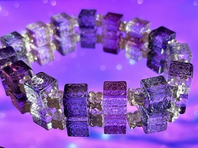 Purple and pink Clear glass Cube bead Bracelet Handmade unisex Jewelry large