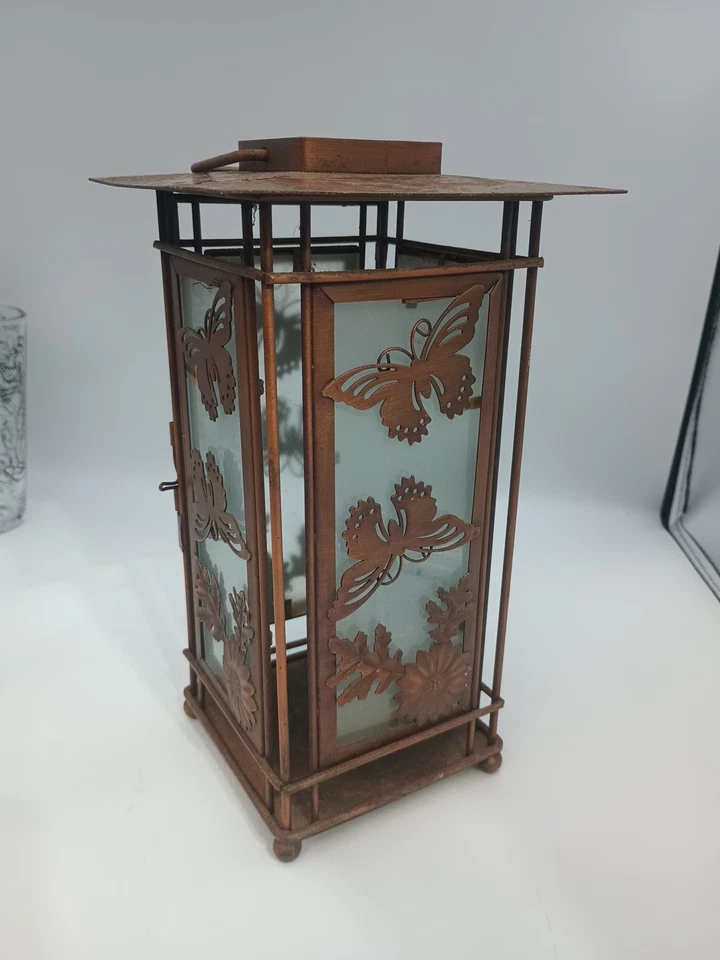 Candelabro de filigrana mariposas linterna de cobre vidrio esmerilado Foto 4 de 4