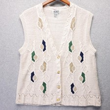 Vtg Koret Sweater Vest Womens L Ivory Button Up Knit V-Neck Cottagecore Preppy
