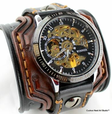 eklemek Higgins toplam  Black and Brown men's leather watch band with steampunk watch face. | eBay