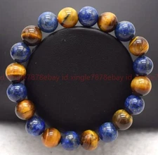 New Natural 8/10/12mm Blue Lapis Lazuli Yellow Tiger's Eye Gems Bracelet 7.5in