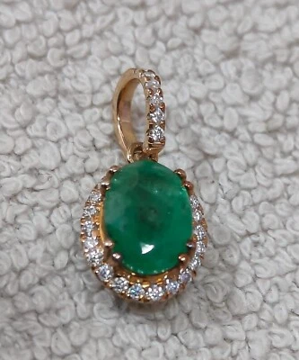 10k Gold Natürlich Sambianischer Smaragd & Diamanten Anhänger Schmuck - Bild 1 von 4