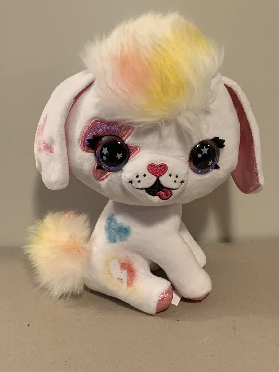 Airbrush Plush Puppy - White & Multicolor 9” Shimmering Ears & Paws Starry  Eyes