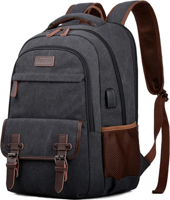 Trendy Black Canvas Laptop Backpack with USB Port for 17.3'' Notebooks