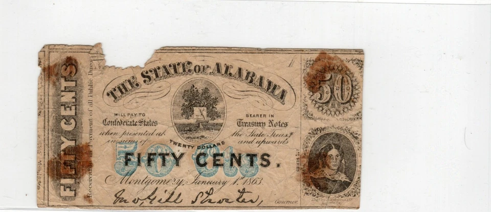Alabama State - $1, 50c, 10c, 5c 1863 Confederate Paper Money - 4 notes - Image 3 of 4