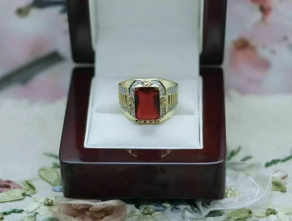 3Ct Emerald Lab Created Red Ruby Men's Engagement Ring 14K Yellow Gold Plated - Image 3 of 4