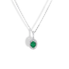 14K WHITE GOLD HALO OVAL PRONG EMERALD AND DIAMOND NECKLACE
