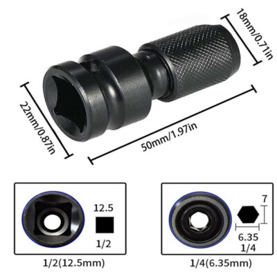 2Pcs 1/2'' Drive To 1/4'' Socket Adapter Hex Drill Chuck Change For Impact Wrench