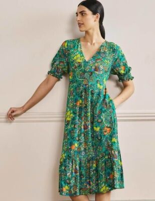 Tropic Meadow Rich Emerald Green V Midi Dress UK 8L BRAND NEW D28