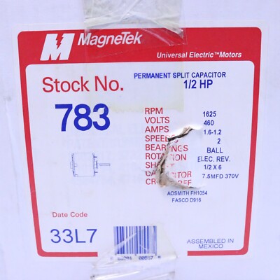 Magnetek 783 HF2J7058N Split Capacitor Motor 1/2 HP 1/2'' X 6 Shaft Size