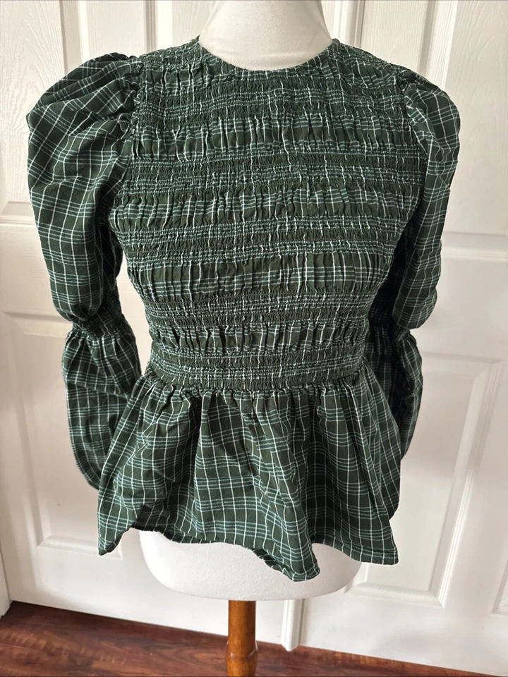 Blusa Campesina Universal Hilo Cuadros Calado Peplum Top XS Verde Manga Larga Foto 2 de 4