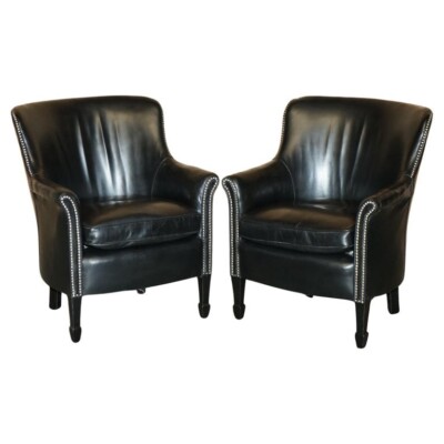 PAAR VINTAGE SCHWARZE LEDERWANNE CLUBSESSEL MIT HANDNIETEN POLSTERN