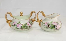 T&V-Tressemann & Vogt-Limoges France Pink Rose Sugar-Creamer-Signed 1910