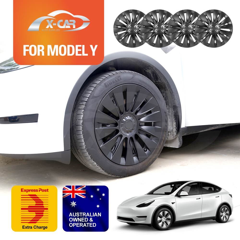 Matte Black 19" Wheel Covers For Tesla Model Y (2021-2024) - 14-Spoke Gemini Design, ABS Plastic, Set Of 4, Rim Protectors