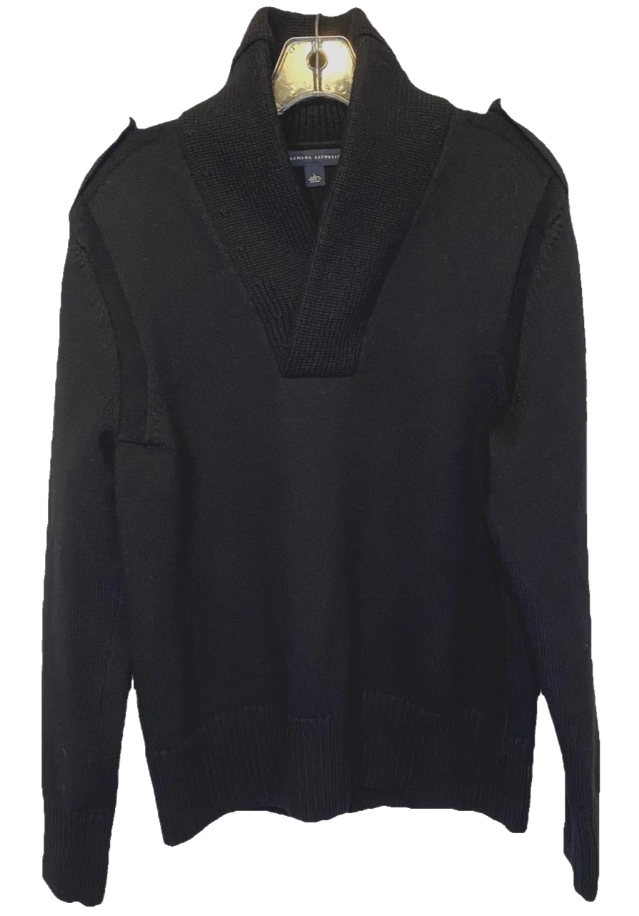 Banana Republic Black 100% Wool SZ L Sweater Shawl Collar Epaulete Snap Shoulder
Opens in a new wind