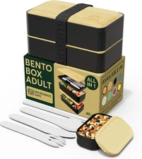 UMAMI BENTO BOX ADULT LUNCH BOX W/UTENSILS & JAR, 40 OZ, MICROWAVABLE BENTO BOX