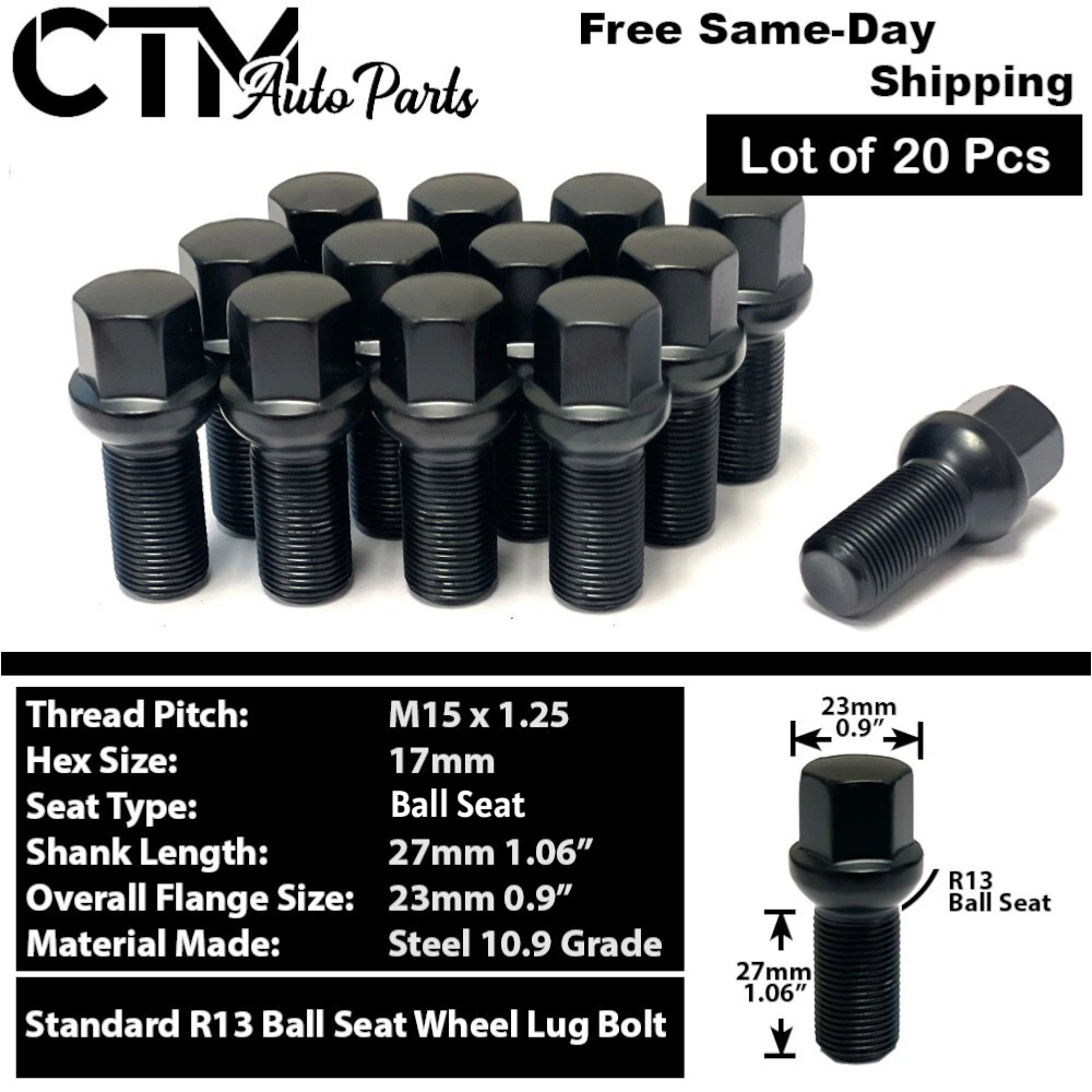 20x Black 15x1.25 Ball Seat Lug Bolts | M15x1.25 | Zinc Plated