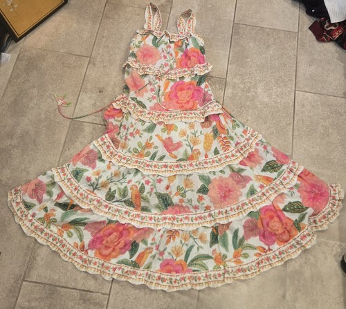 Farm Rio Off-White Macaw Floral Bloom Midi Dress Ruffle Extra Large XS $240
