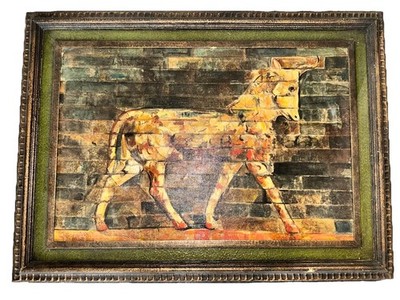Hand Textured Repro Canvas Print VTG Painting Ishtar Gate Babylon Horse 27 x 37 
